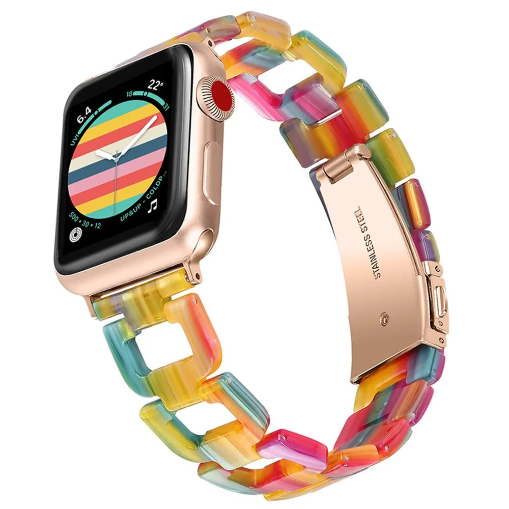 For Apple Watch Series 11 10 42mm / 9 8 7 41mm / SE3 SE2 SE 6 5 4 40mm / 3 2 1 38mm Resin Smart Watch Strap D Shape Design Wristband with Stainless Steel Buckle - Rainbow - 1