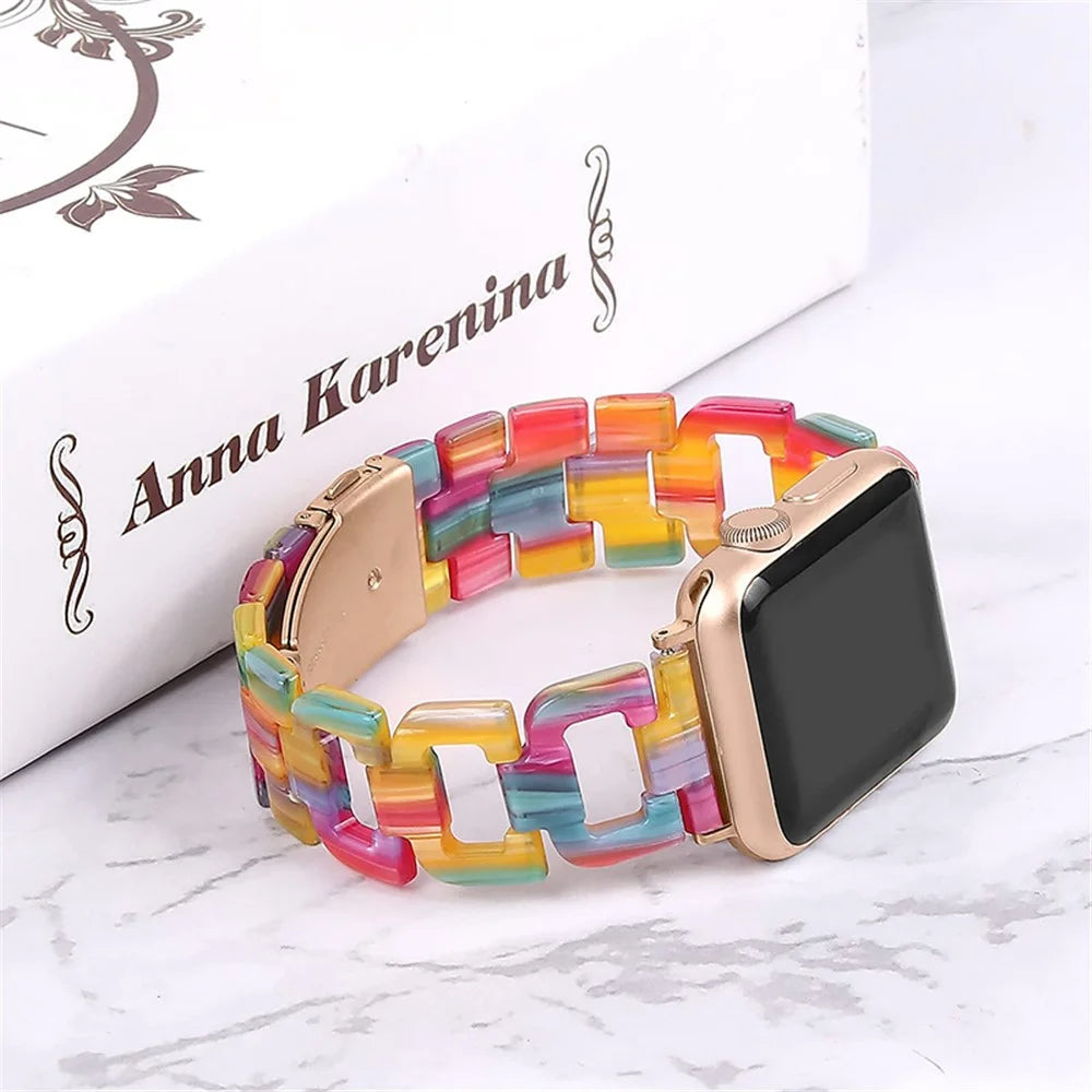 For Apple Watch Series 11 10 42mm / 9 8 7 41mm / SE3 SE2 SE 6 5 4 40mm / 3 2 1 38mm Resin Smart Watch Strap D Shape Design Wristband with Stainless Steel Buckle - Rainbow - 2