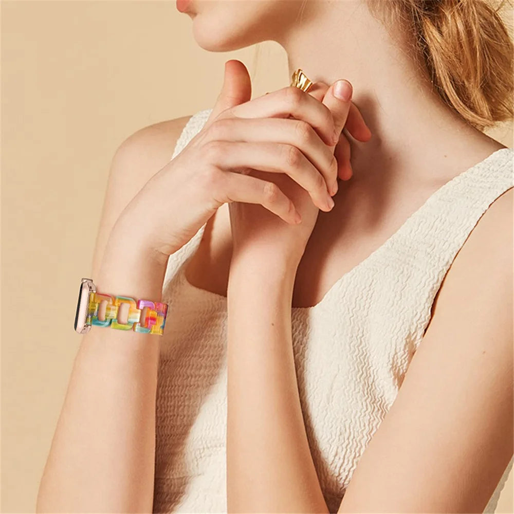 For Apple Watch Series 11 10 42mm / 9 8 7 41mm / SE3 SE2 SE 6 5 4 40mm / 3 2 1 38mm Resin Smart Watch Strap D Shape Design Wristband with Stainless Steel Buckle - Rainbow - 5