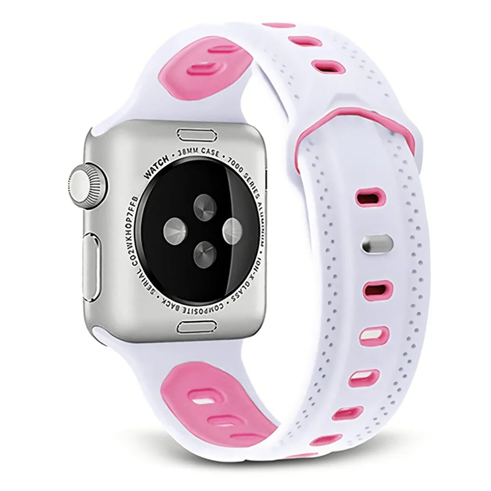 For Apple Watch Series 11 10 42mm / 9 8 7 41mm / SE3 SE2 SE 6 5 4 40mm / 3 2 1 38mm Press Buckle Design Silicone Smartwatch Band Replacement Wrist Strap - White / Pink - 1