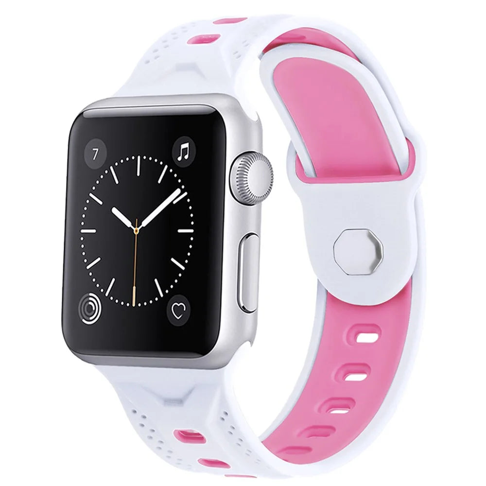 For Apple Watch Series 11 10 42mm / 9 8 7 41mm / SE3 SE2 SE 6 5 4 40mm / 3 2 1 38mm Press Buckle Design Silicone Smartwatch Band Replacement Wrist Strap - White / Pink - 2