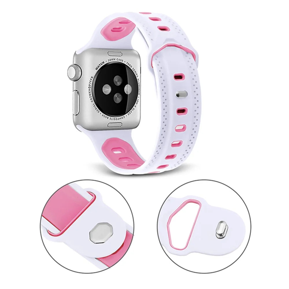For Apple Watch Series 11 10 42mm / 9 8 7 41mm / SE3 SE2 SE 6 5 4 40mm / 3 2 1 38mm Press Buckle Design Silicone Smartwatch Band Replacement Wrist Strap - White / Pink - 4