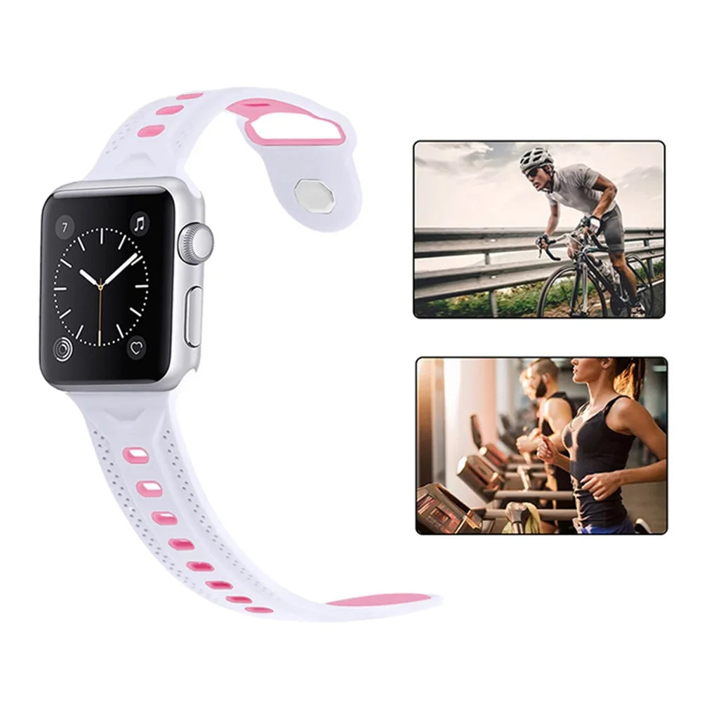 For Apple Watch Series 11 10 42mm / 9 8 7 41mm / SE3 SE2 SE 6 5 4 40mm / 3 2 1 38mm Press Buckle Design Silicone Smartwatch Band Replacement Wrist Strap - White / Pink - 6