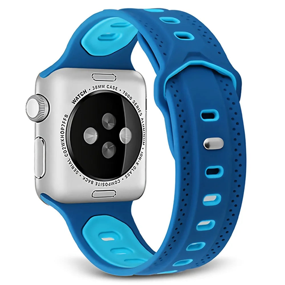 For Apple Watch Ultra 3 2 1 49mm / Series 11 10 46mm / 9 8 7 45mm / SE3 SE2 SE 6 5 4 44mm / 3 2 1 42mm Color Splicing Design Square Hole Rhombus Watch Silicone Strap - Baby Blue / Dark Blue - 1