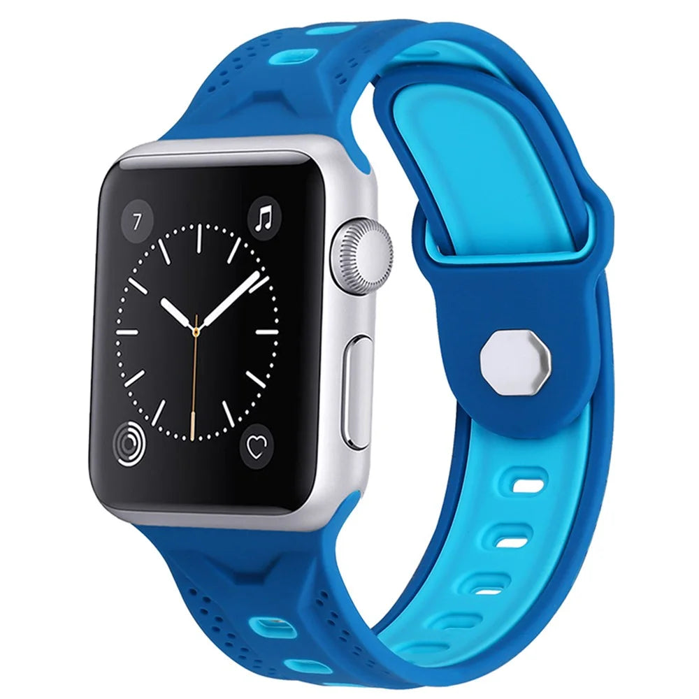For Apple Watch Ultra 3 2 1 49mm / Series 11 10 46mm / 9 8 7 45mm / SE3 SE2 SE 6 5 4 44mm / 3 2 1 42mm Color Splicing Design Square Hole Rhombus Watch Silicone Strap - Baby Blue / Dark Blue - 2