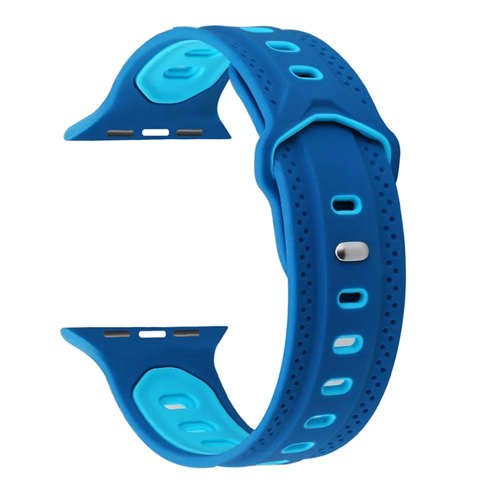 For Apple Watch Ultra 3 2 1 49mm / Series 11 10 46mm / 9 8 7 45mm / SE3 SE2 SE 6 5 4 44mm / 3 2 1 42mm Color Splicing Design Square Hole Rhombus Watch Silicone Strap - Baby Blue / Dark Blue - 3