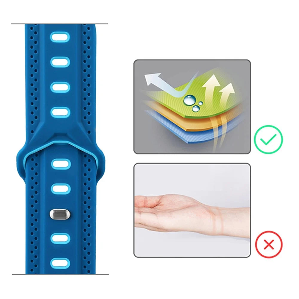 For Apple Watch Ultra 3 2 1 49mm / Series 11 10 46mm / 9 8 7 45mm / SE3 SE2 SE 6 5 4 44mm / 3 2 1 42mm Color Splicing Design Square Hole Rhombus Watch Silicone Strap - Baby Blue / Dark Blue - 4