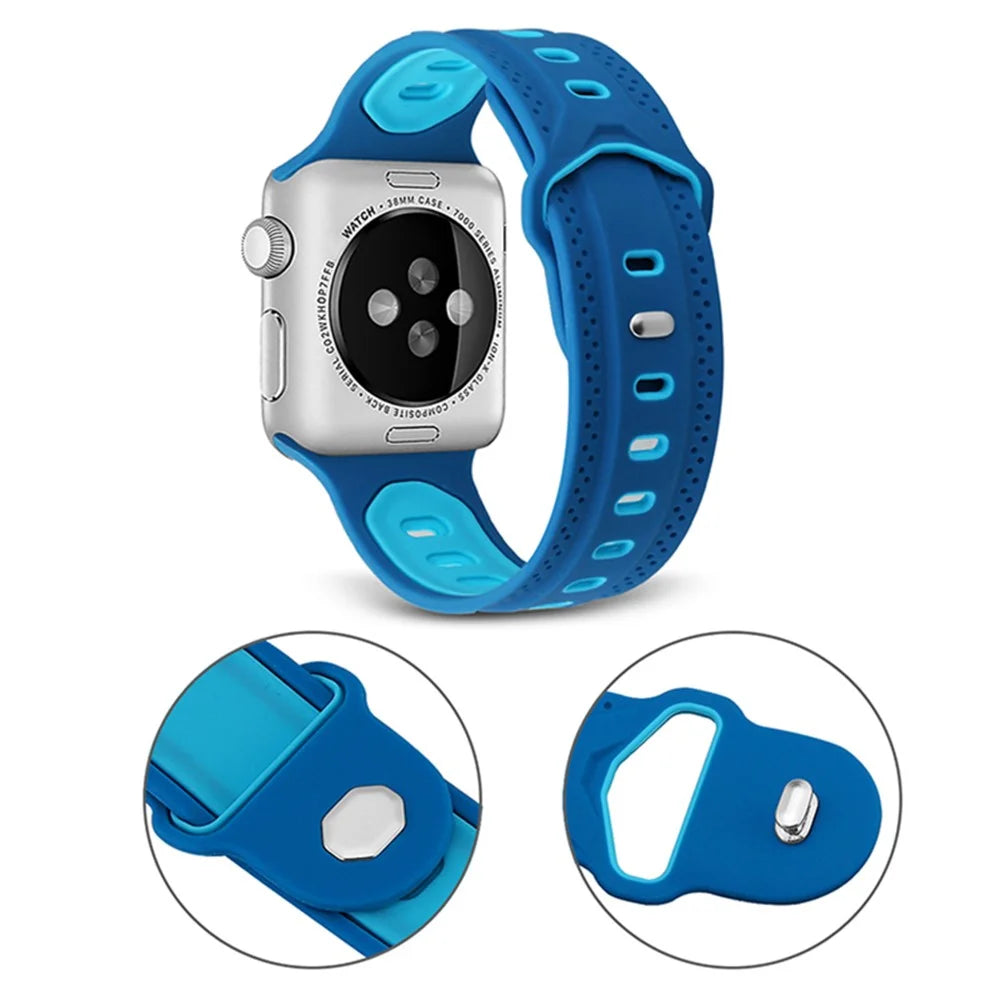 For Apple Watch Ultra 3 2 1 49mm / Series 11 10 46mm / 9 8 7 45mm / SE3 SE2 SE 6 5 4 44mm / 3 2 1 42mm Color Splicing Design Square Hole Rhombus Watch Silicone Strap - Baby Blue / Dark Blue - 5