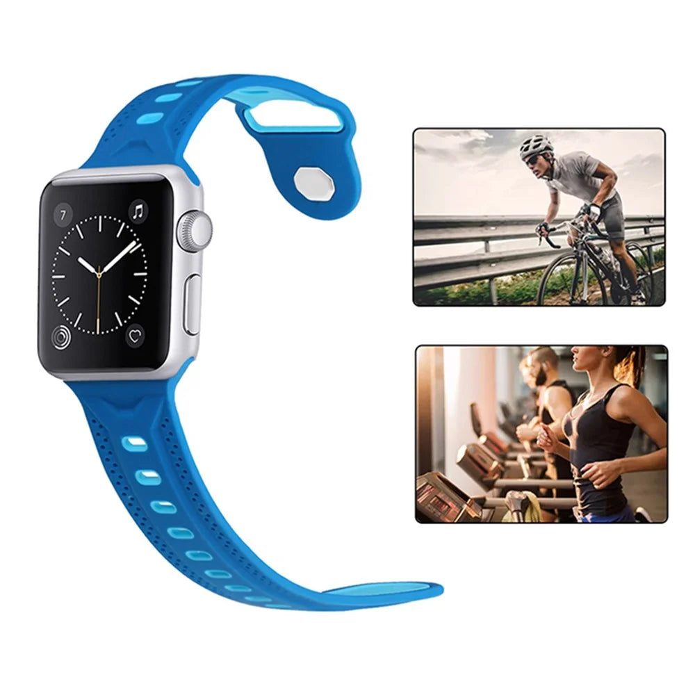 For Apple Watch Ultra 3 2 1 49mm / Series 11 10 46mm / 9 8 7 45mm / SE3 SE2 SE 6 5 4 44mm / 3 2 1 42mm Color Splicing Design Square Hole Rhombus Watch Silicone Strap - Baby Blue / Dark Blue - 6