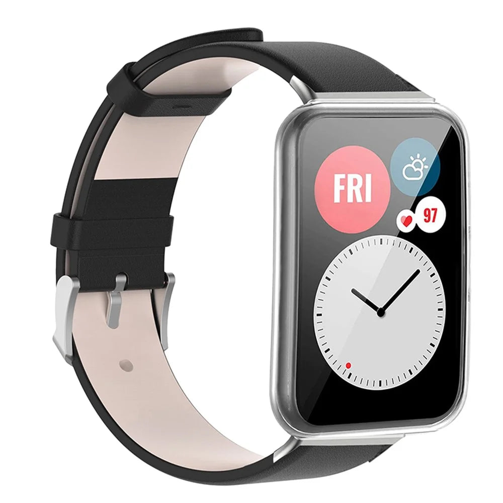 For Huawei Watch Fit 2 Leather Watch Strap Quick Release Wrist Band Sports Watch Watchband Replacement - Black - 1