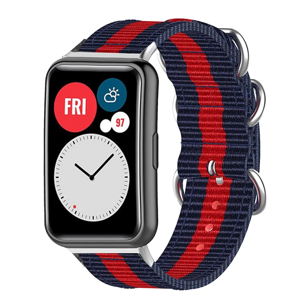 For Huawei Watch Fit 2 Nylon Quick Release Watch Band Stainless Steel Rings Buckle Canvas Replacement Strap - Blue / Red / Blue - 1
