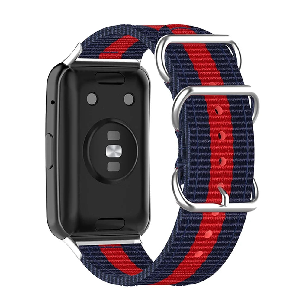 For Huawei Watch Fit 2 Nylon Quick Release Watch Band Stainless Steel Rings Buckle Canvas Replacement Strap - Blue / Red / Blue - 2
