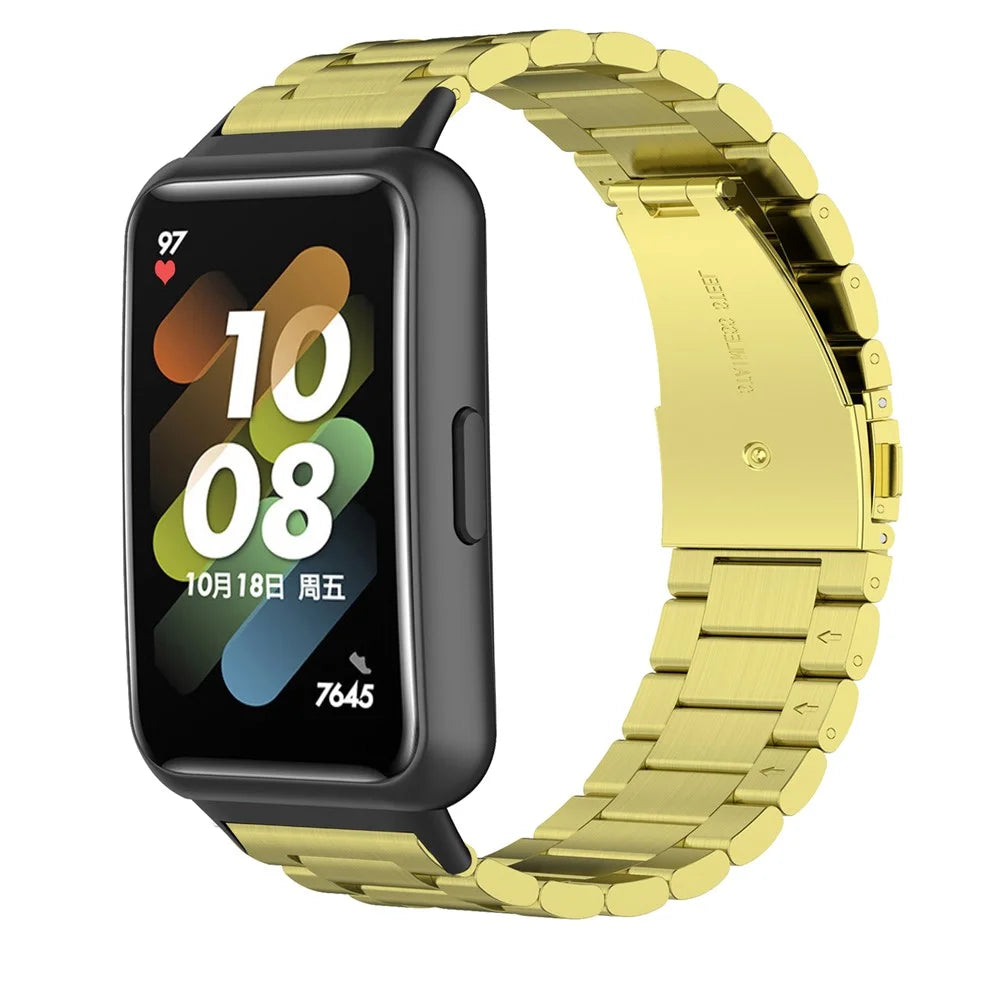 For Huawei Band 7 Stainless Steel Smart Watch Band Three Beads Replacement Strap with Folding Buckle - Gold - 1