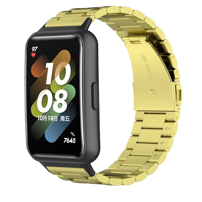 For Huawei Band 7 Stainless Steel Smart Watch Band Three Beads Replacement Strap with Folding Buckle - Gold - 1