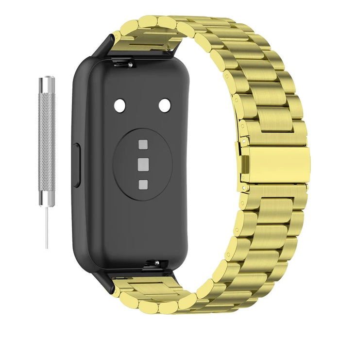 For Huawei Band 7 Stainless Steel Smart Watch Band Three Beads Replacement Strap with Folding Buckle - Gold - 2