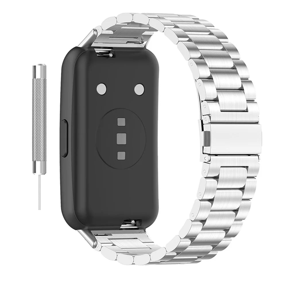 Watch Band for Huawei Band 7, Three Beads Stainless Steel Wrist Strap Replacement - Silver - 2