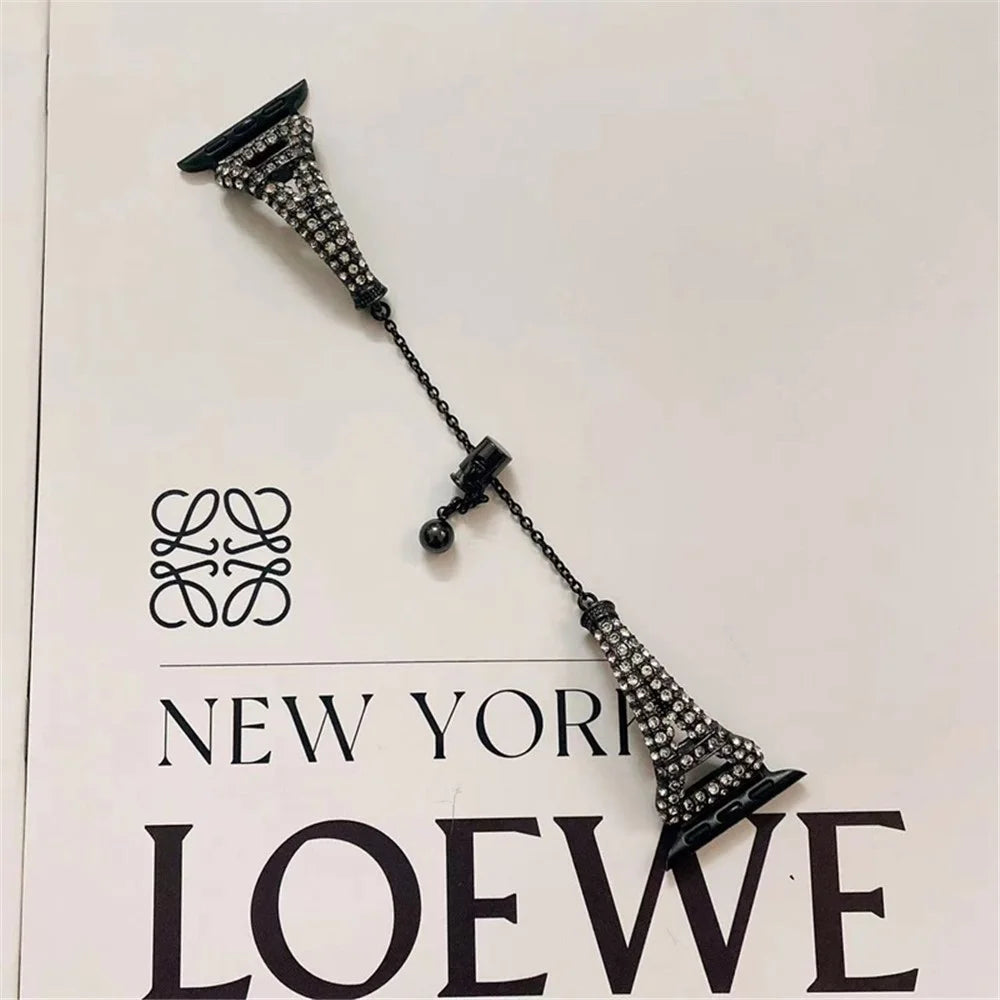 For Apple Watch Series 11 10 42mm / 9 8 7 41mm / SE3 SE2 SE 6 5 4 40mm / 3 2 1 38mm Metal Smart Watch Band Bracelet Rhinestone Decor Wrist Strap Replacement - Black - 2