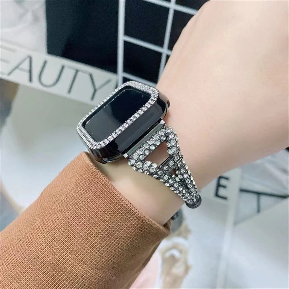For Apple Watch Series 11 10 42mm / 9 8 7 41mm / SE3 SE2 SE 6 5 4 40mm / 3 2 1 38mm Metal Smart Watch Band Bracelet Rhinestone Decor Wrist Strap Replacement - Black - 3