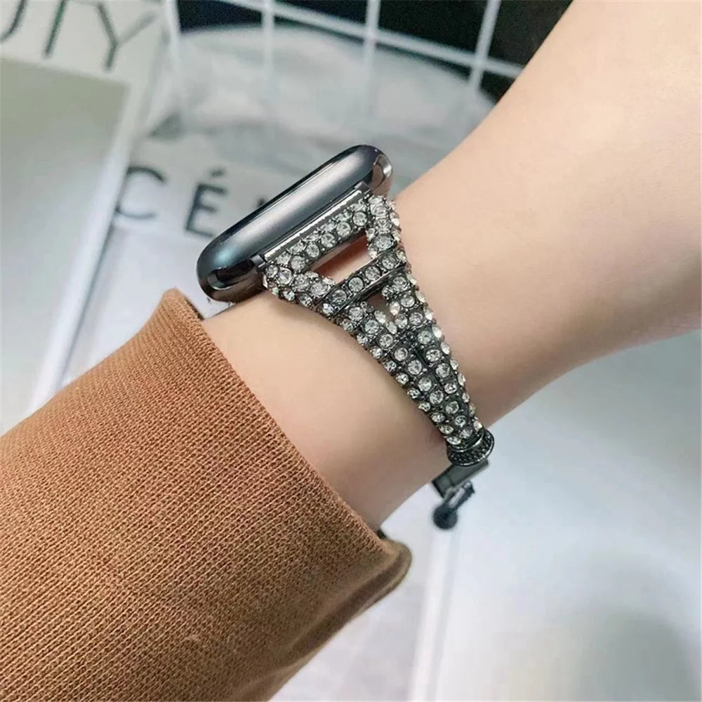 For Apple Watch Series 11 10 42mm / 9 8 7 41mm / SE3 SE2 SE 6 5 4 40mm / 3 2 1 38mm Metal Smart Watch Band Bracelet Rhinestone Decor Wrist Strap Replacement - Black - 4