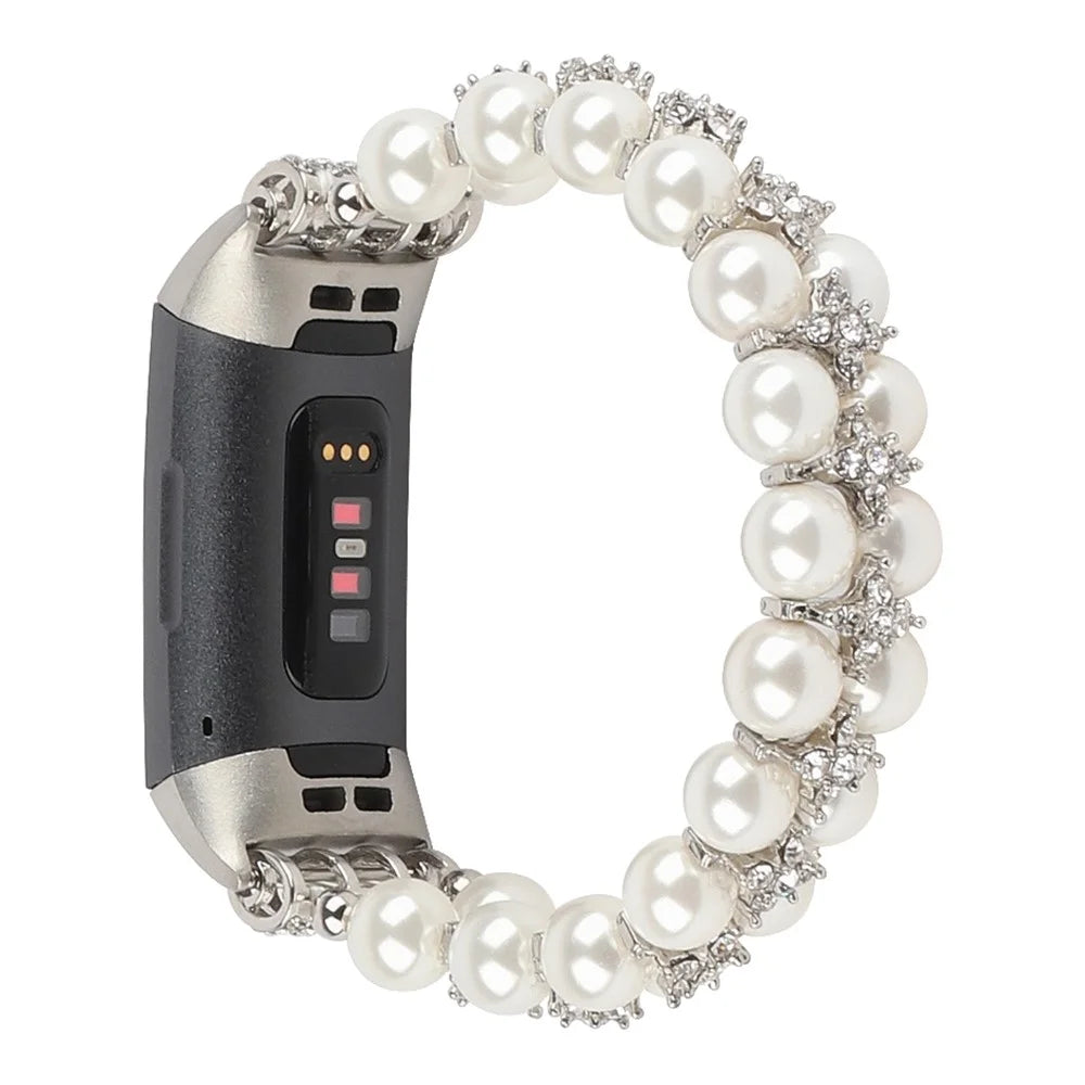 For Fitbit Charge 3 / 4 Two Rows Stylish Pearl Bracelet Wrist Strap Replacement Watch Band - White - 1