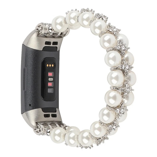 For Fitbit Charge 3 / 4 Two Rows Stylish Pearl Bracelet Wrist Strap Replacement Watch Band - White - 1