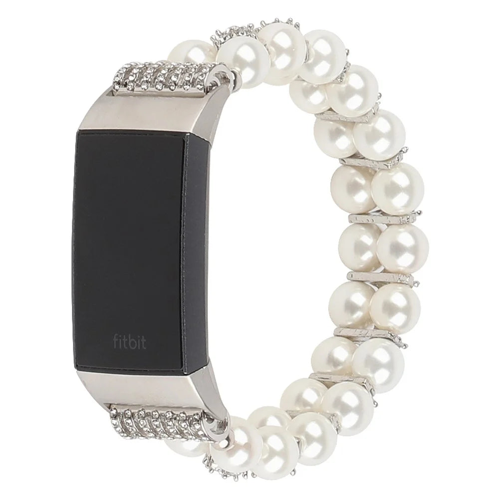 For Fitbit Charge 3 / 4 Two Rows Stylish Pearl Bracelet Wrist Strap Replacement Watch Band - White - 2