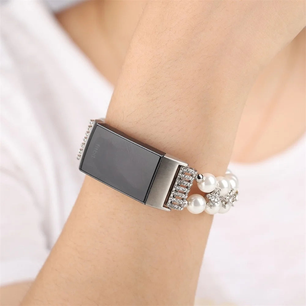 For Fitbit Charge 3 / 4 Two Rows Stylish Pearl Bracelet Wrist Strap Replacement Watch Band - White - 3