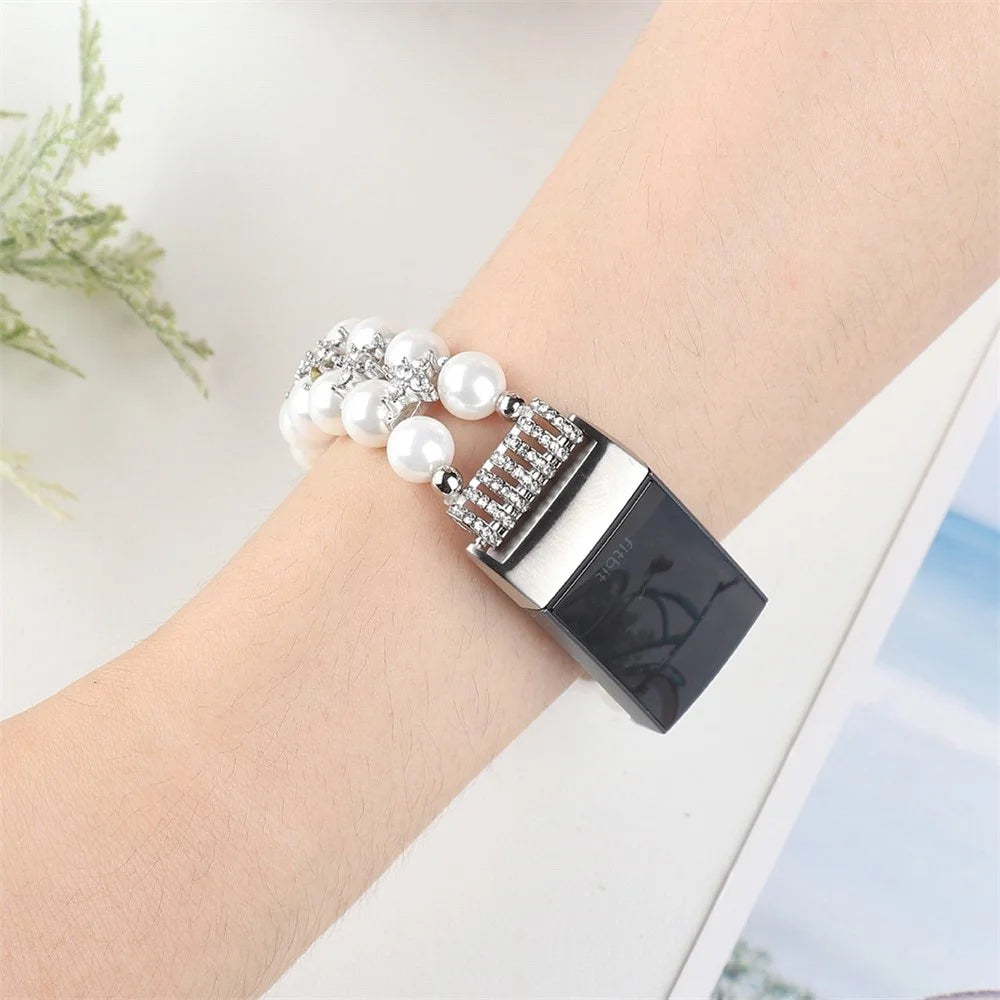 For Fitbit Charge 3 / 4 Two Rows Stylish Pearl Bracelet Wrist Strap Replacement Watch Band - White - 4