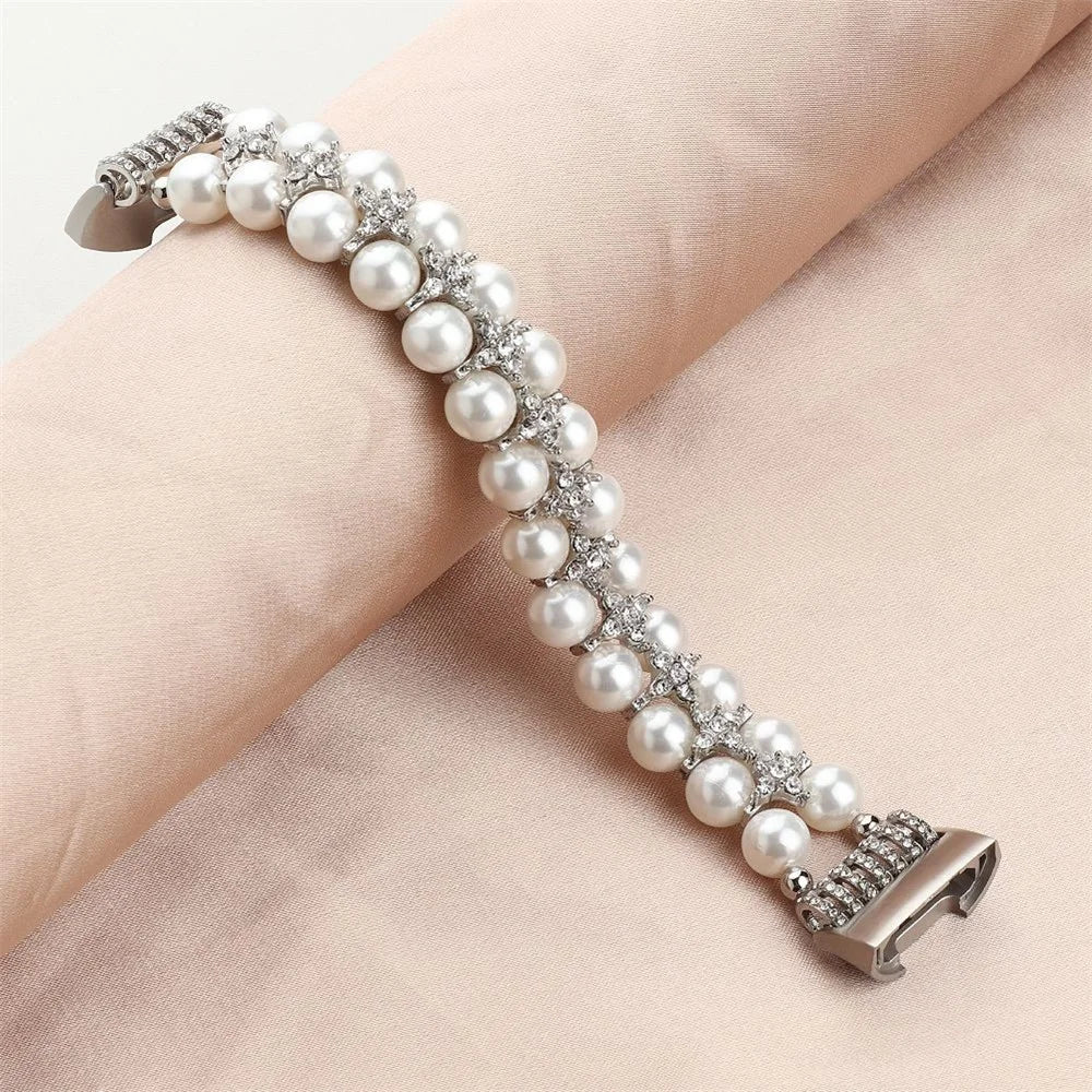 For Fitbit Charge 3 / 4 Two Rows Stylish Pearl Bracelet Wrist Strap Replacement Watch Band - White - 6