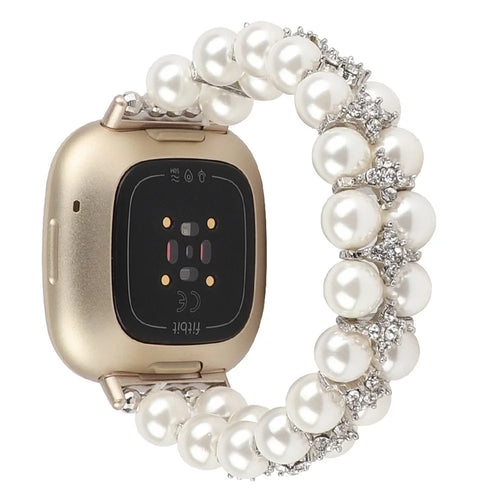 For Fitbit Versa 3 / Sense Two Rows Rhinestone Pearl Bracelet Wrist Strap Replacement Smart Watch Band - White - 1