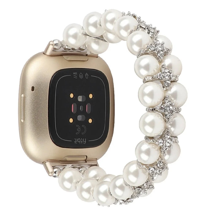 For Fitbit Versa 3 / Sense Two Rows Rhinestone Pearl Bracelet Wrist Strap Replacement Smart Watch Band - White - 1