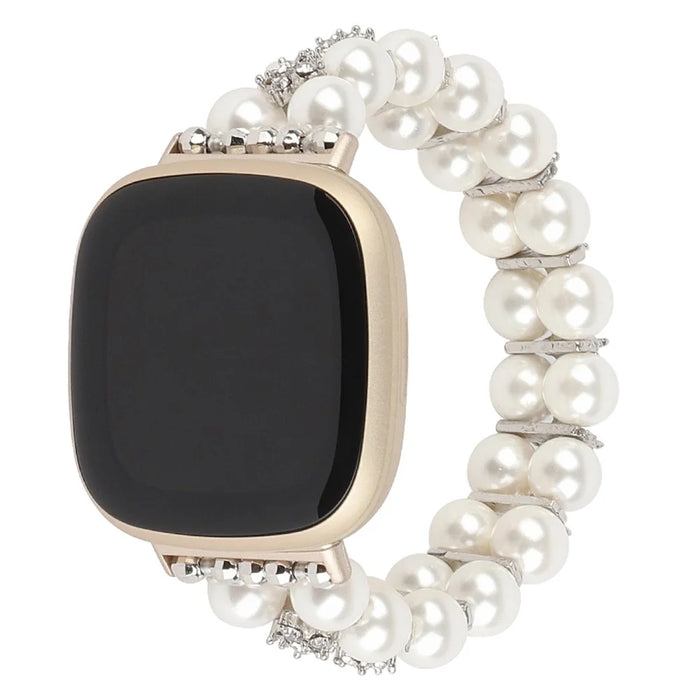 For Fitbit Versa 3 / Sense Two Rows Rhinestone Pearl Bracelet Wrist Strap Replacement Smart Watch Band - White - 2
