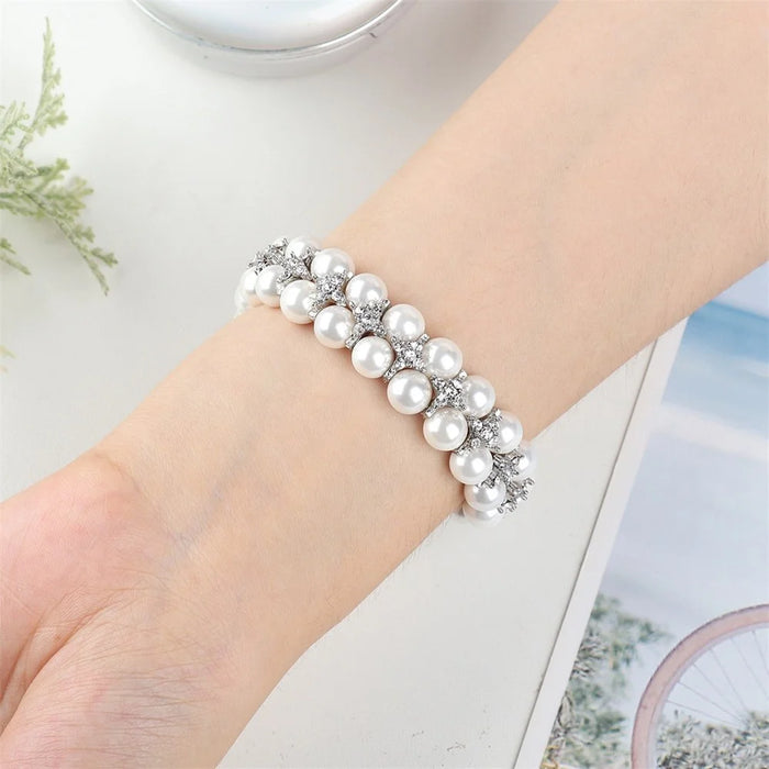 For Fitbit Versa 3 / Sense Two Rows Rhinestone Pearl Bracelet Wrist Strap Replacement Smart Watch Band - White - 5