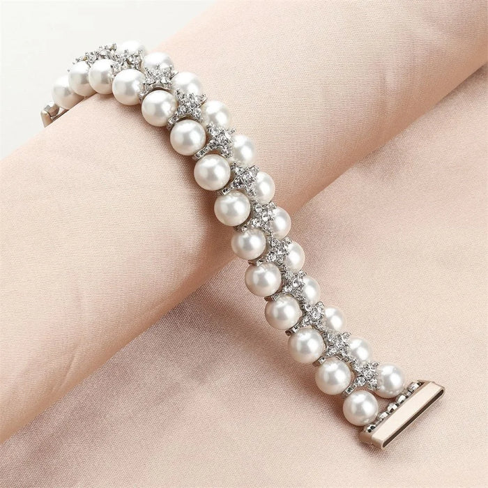 For Fitbit Versa 3 / Sense Two Rows Rhinestone Pearl Bracelet Wrist Strap Replacement Smart Watch Band - White - 6