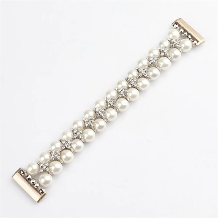 For Fitbit Versa 3 / Sense Two Rows Rhinestone Pearl Bracelet Wrist Strap Replacement Smart Watch Band - White - 7