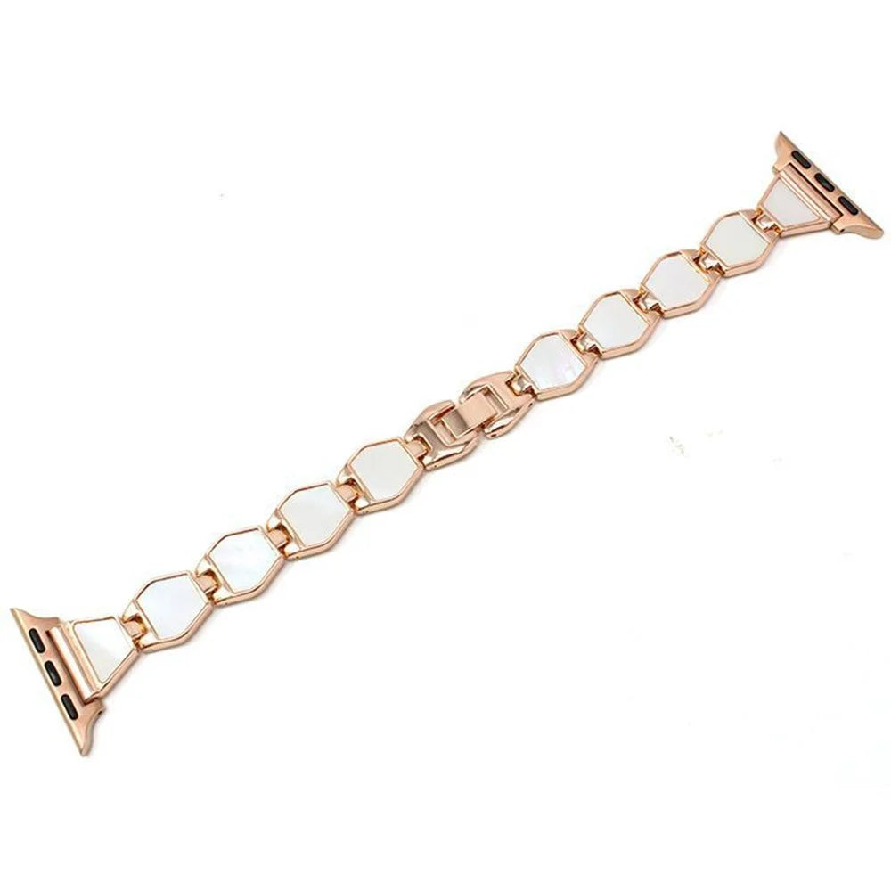 For Apple Watch Ultra 3 2 1 49mm / Series 11 10 46mm / 9 8 7 45mm / SE3 SE2 SE 6 5 4 44mm / 3 2 1 42mm Stylish Shell Metal Watch Band Replacement Wrist Strap Bracelet - Rose Gold / White - 1