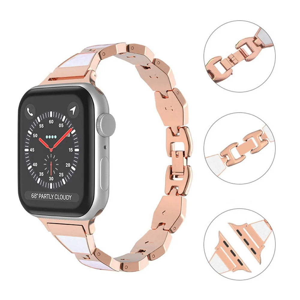 For Apple Watch Ultra 3 2 1 49mm / Series 11 10 46mm / 9 8 7 45mm / SE3 SE2 SE 6 5 4 44mm / 3 2 1 42mm Stylish Shell Metal Watch Band Replacement Wrist Strap Bracelet - Rose Gold / White - 3