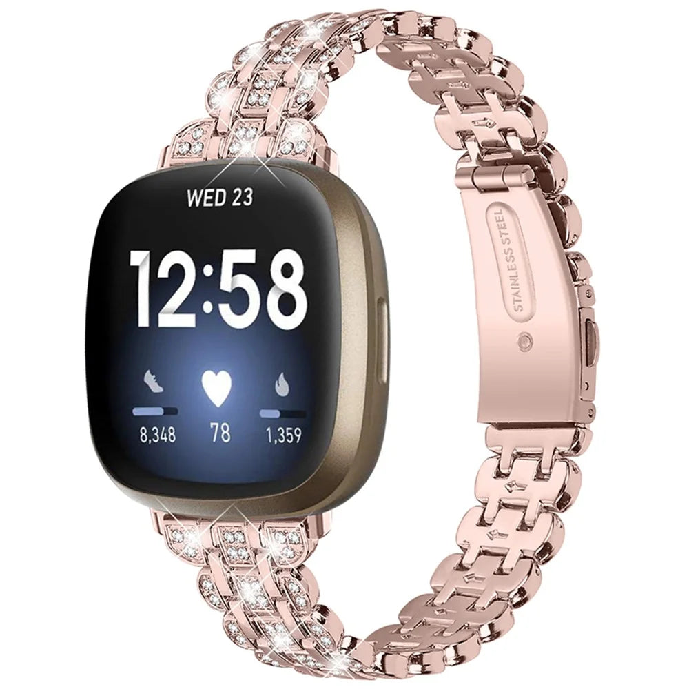 For Fitbit Versa 3 / Fitbit Sense Rhinestone Decor Metal Smart Watch Band Buckle Design Watch Strap - Rose Pink - 1