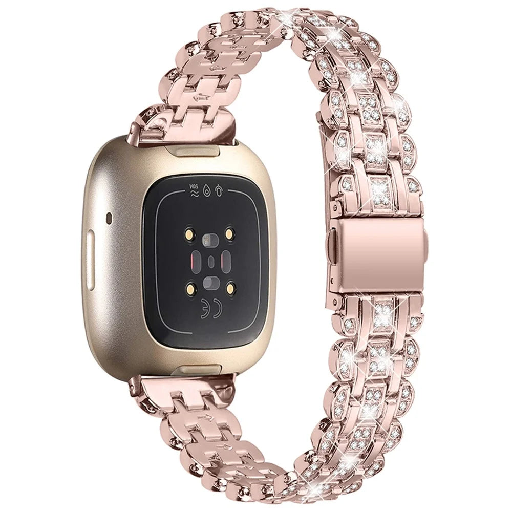 For Fitbit Versa 3 / Fitbit Sense Rhinestone Decor Metal Smart Watch Band Buckle Design Watch Strap - Rose Pink - 2