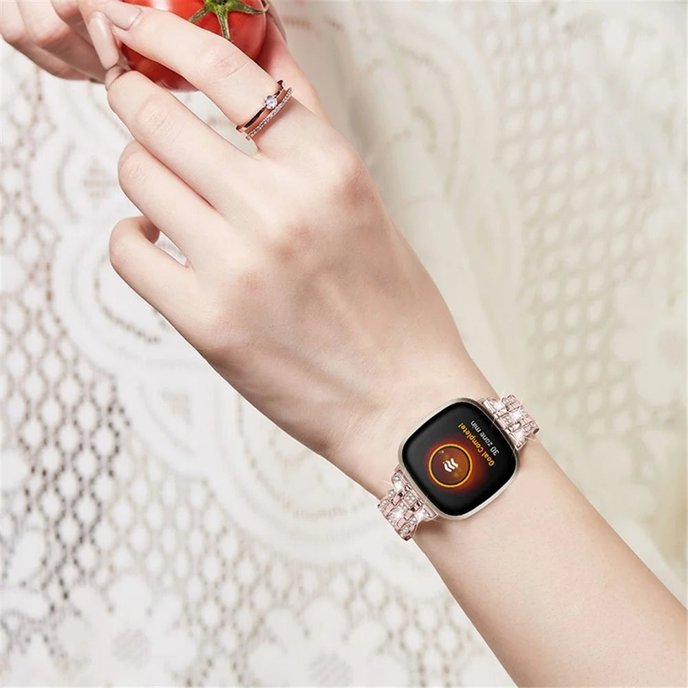 For Fitbit Versa 3 / Fitbit Sense Rhinestone Decor Metal Smart Watch Band Buckle Design Watch Strap - Rose Pink - 4