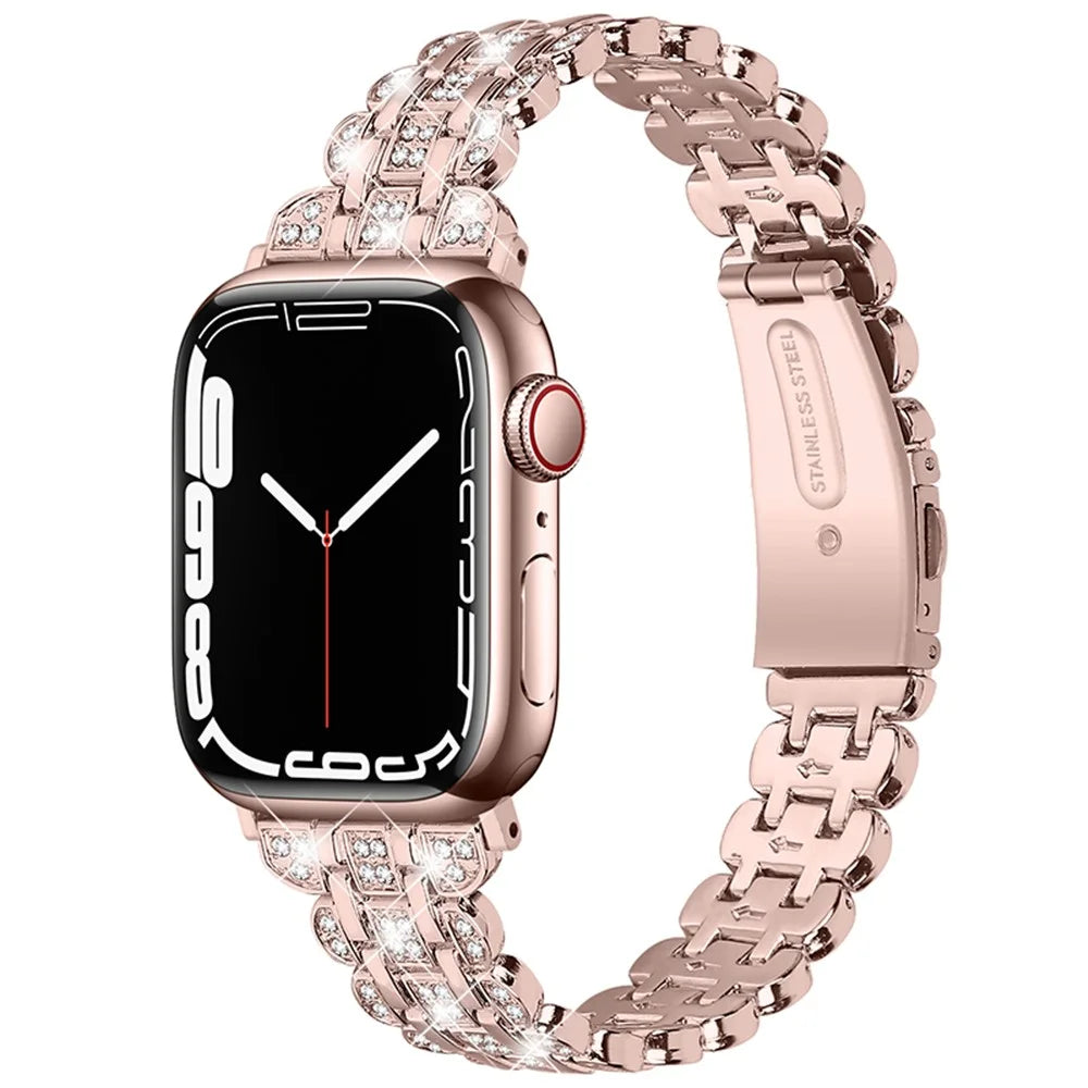 For Apple Watch Ultra 3 2 1 49mm / Series 11 10 46mm / 9 8 7 45mm / SE3 SE2 SE 6 5 4 44mm / 3 2 1 42mm Watch Strap Stainless Steel Rhinestone Decor Wrist Band - Pink / Gold - 1