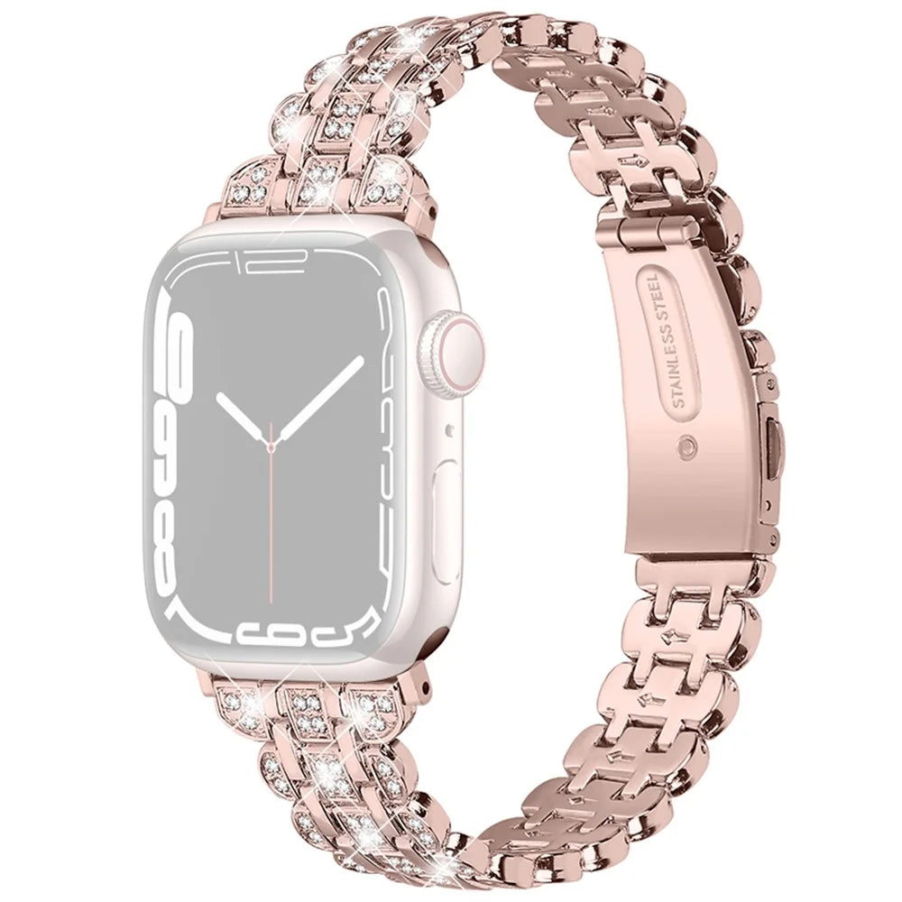 Watch Strap for Apple Watch Series 11 10 42mm / 9 8 7 41mm / SE3 SE2 SE 6 5 4 40mm / 3 2 1 38mm Stainless Steel Rhinestone Bracelet Band - Rose Pink - 1