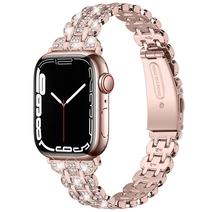 Watch Strap for Apple Watch Series 11 10 42mm / 9 8 7 41mm / SE3 SE2 SE 6 5 4 40mm / 3 2 1 38mm Stainless Steel Rhinestone Bracelet Band - Rose Pink - 2