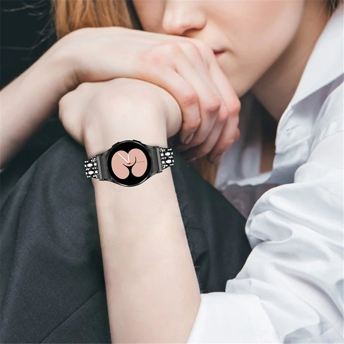 For Samsung Galaxy Watch4 Active 40mm/44mm / Watch4 Classic 42mm/46mm Metal Watch Strap 5 Beads 3 Rows Rhinestones Decor Watch Wrist Band Replacement - Black / White - 4