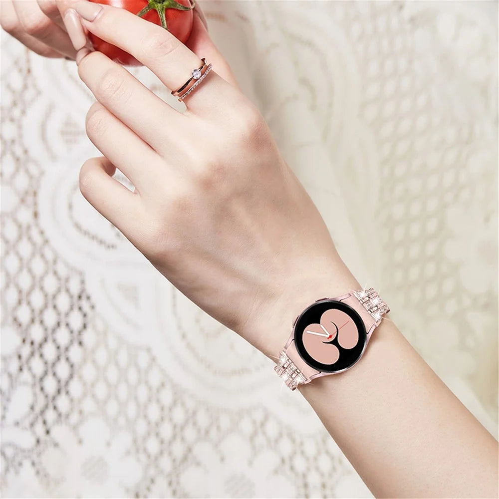 For Samsung Galaxy Watch4 Active 40mm / 44mm / Watch4 Classic 42mm / 46mm Stainless Steel Rhinestone Decor Smart Watch Strap Wrist Band with Folding Clasp - Pink  /  Gold - 4
