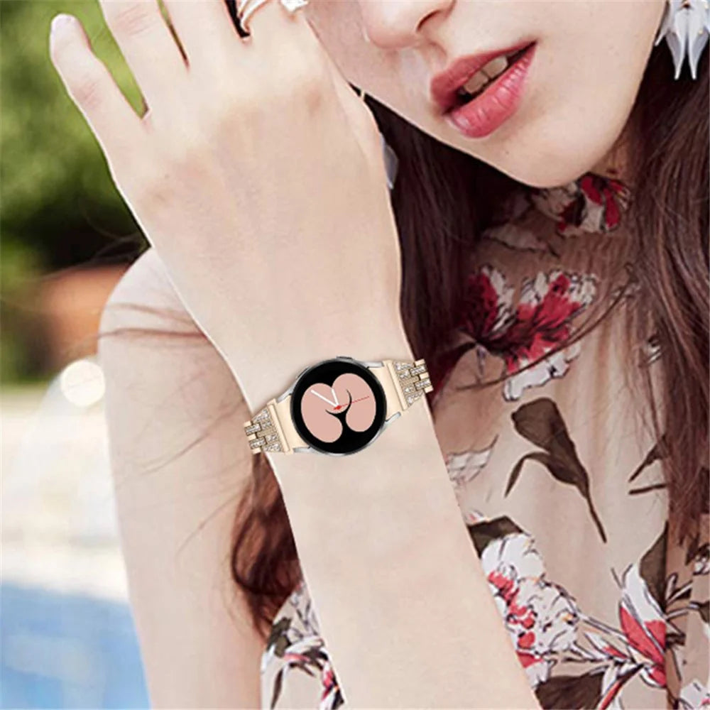 For Samsung Galaxy Watch4 Active 40mm / 44mm / Watch4 Classic 42mm / 46mm Bracelet Metal Watch Band 5 Beads 2 Rows Bling Rhinestone Replacement Strap - Retro Gold - 5