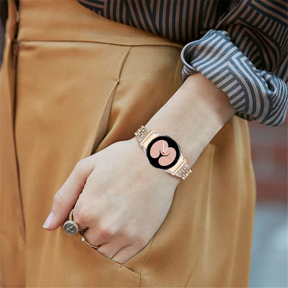 For Samsung Galaxy Watch4 Active 40mm / 44mm / Watch4 Classic 42mm / 46mm Bracelet Metal Watch Band 5 Beads 2 Rows Bling Rhinestone Replacement Strap - Retro Gold - 6