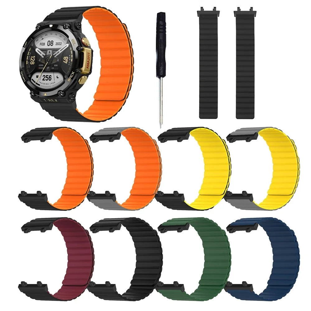 Magnetic Sweat-proof Watch Band for Huami Amazfit T-Rex 2 Adjustable Silicone Wrist Strap Dual-Color Design - Black - 6