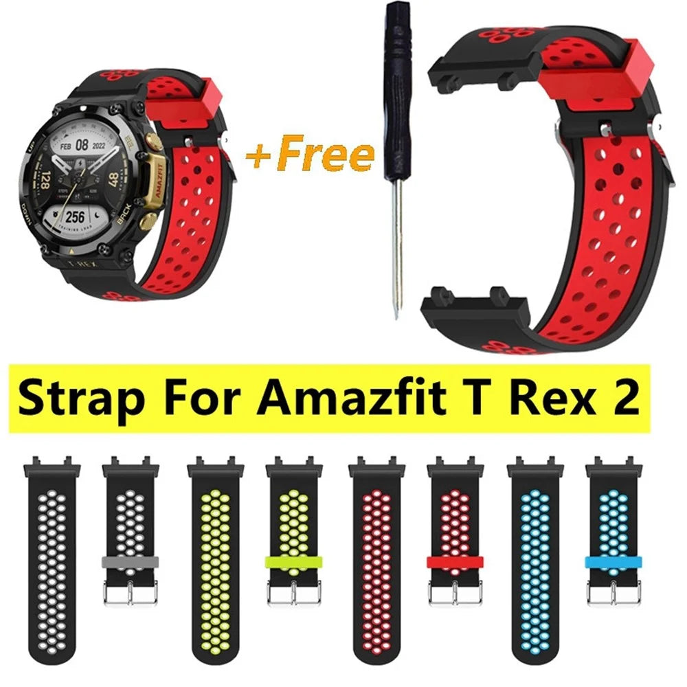 For Huami Amazfit T-Rex 2 Dual Color Watch Band Silicone Replacement Wrist Strap with Three Rows Holes - Black / Red - 3