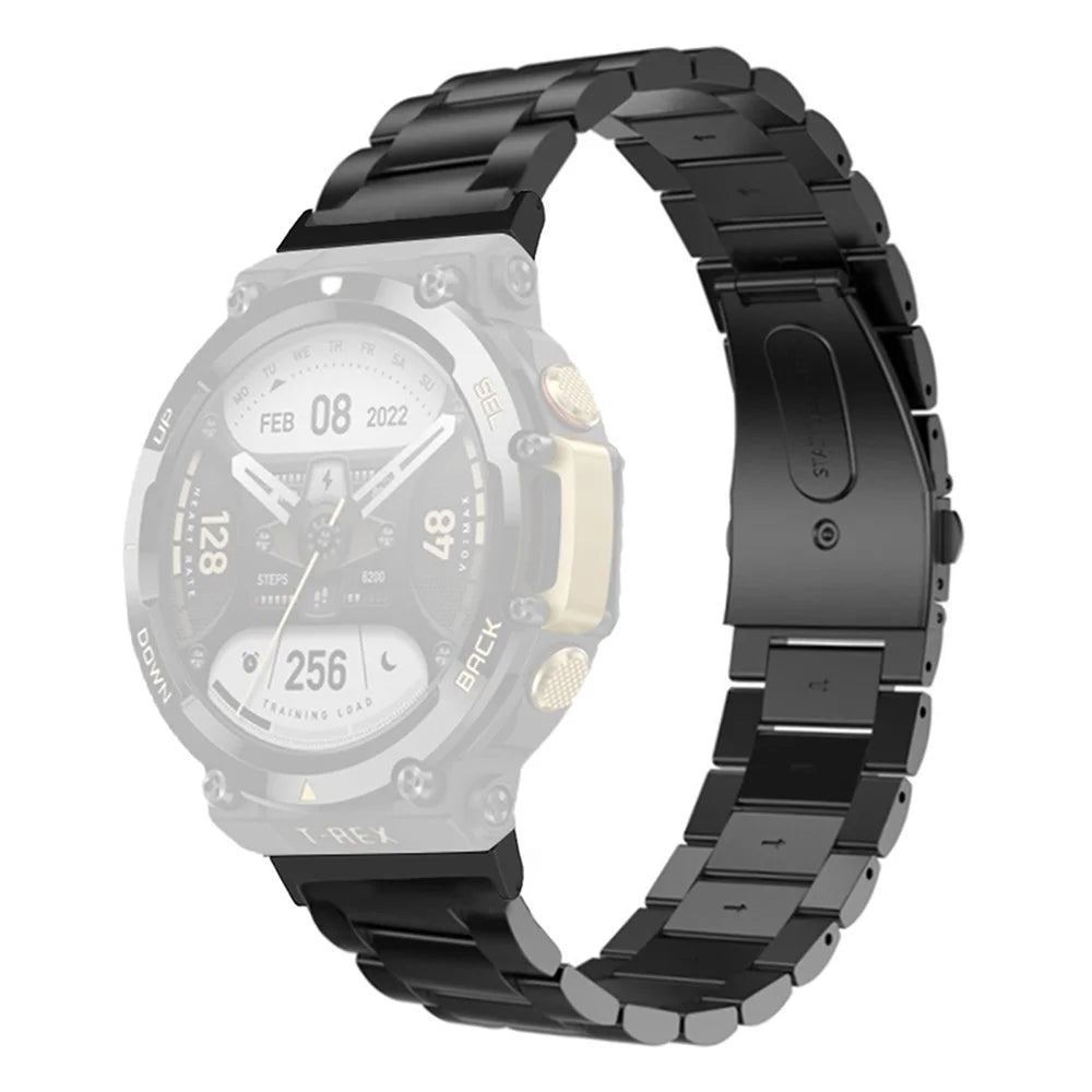 For Huami Amazfit T-Rex 2 Stainless Steel Watch Strap Folding Buckle Three Beads Wrist Band - Black - 1